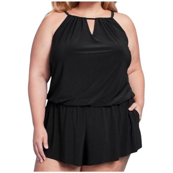 NEW Aqua Green High Neck Swim Romper with Pockets One Piece Black Swimsuit 18 - Picture 1 of 6